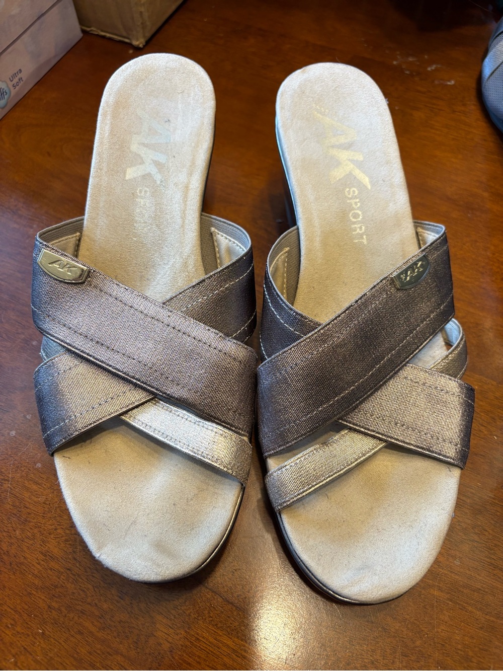 Anne Klein Sport Metallic Bronze and Silver Crossband Slide Sandals